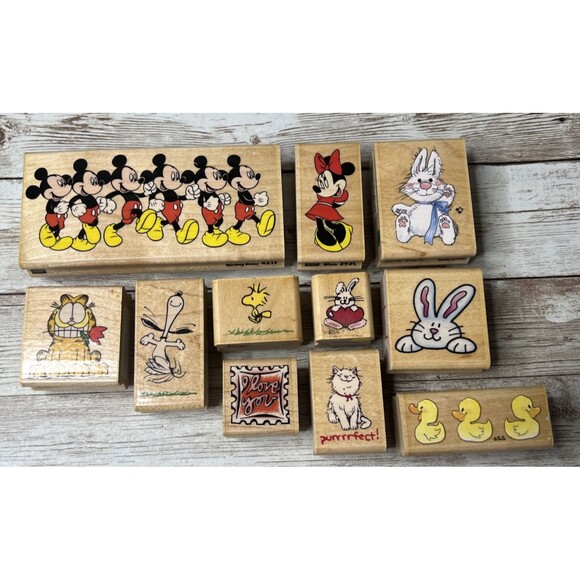 Lot of 11 Rubber Stampede Cartoon (1990's) Wood Rubber Stamp VTG Disney Snoopy - Picture 1 of 11